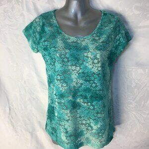 Rue 21 Fashion Lace Blouse Women's Size L Top Stylish Green Aqua Shirt Stretchy